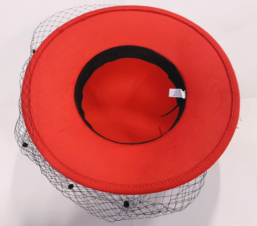 Large Wool Mix Red Brim Fedora with Hat Veil Hatinator Fascinator