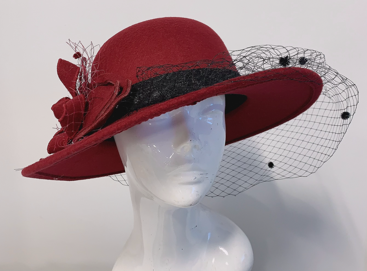 Large Wool Mix Brim Fedora with Hat Veil Hatinator Fascinator - Burgundy / Deep Red