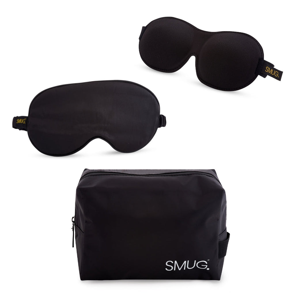 Contoured & Satin Sleep Mask Double Pack & Wash Bag Set- Various Prints