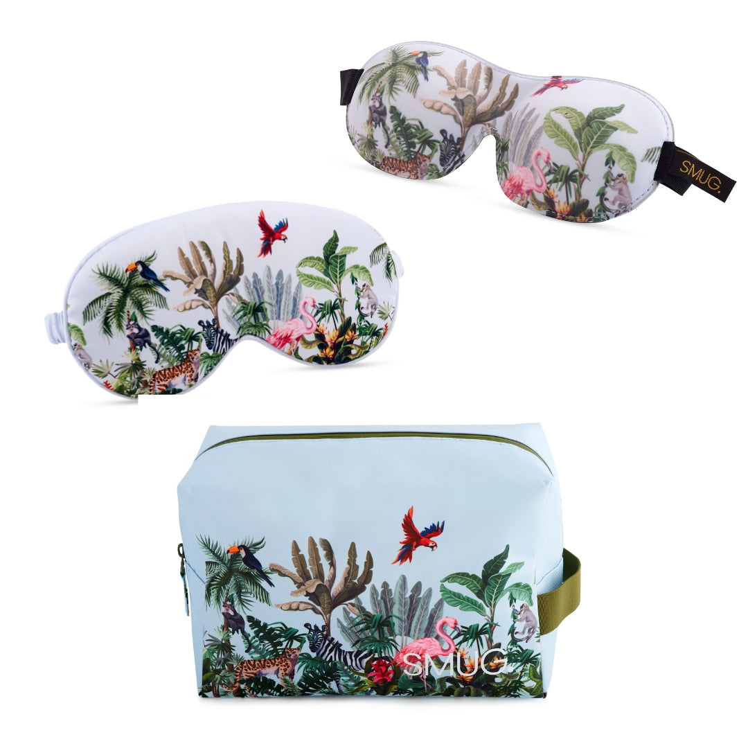 Contoured & Satin Sleep Mask Double Pack & Wash Bag Set- Various Prints
