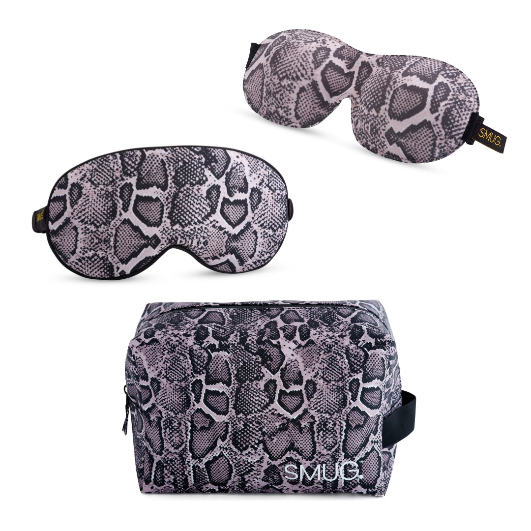 Contoured & Satin Sleep Mask Double Pack & Wash Bag Set- Various Prints
